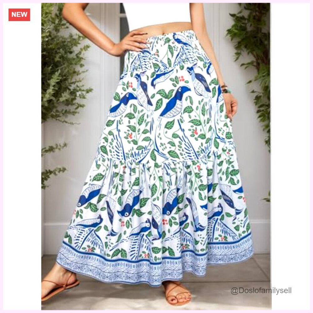 Women's High Waist Elastic Pleated A-Line Maxi Skirt Flowy Long Boho - Picture 6 of 7